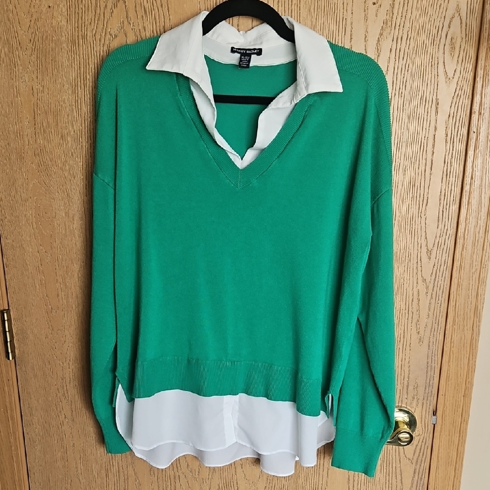 Hilary Radley Emerald Green V-Neck Layered Sweater with White Shirt Hem